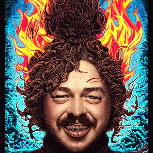 Image similar to portrait of crazy post malone with fire, symmetrical, by yoichi hatakenaka, masamune shirow, josan gonzales and dan mumford, ayami kojima, takato yamamoto, barclay shaw, karol bak, yukito kishiro