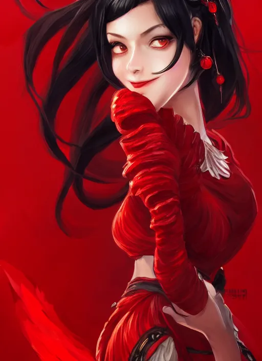 Image similar to a highly detailed illustration of hime cut black haired woman wearing red dress, dramatic smiling pose, intricate, elegant, highly detailed, centered, digital painting, artstation, concept art, smooth, sharp focus, league of legends concept art, wlop