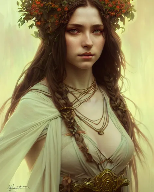 Image similar to beautiful female druid, portrait, fantasy, young, detailed, sketch, intricate, leaves and simple cloth, dynamic lighting, digital art, digital painting, artstation, wlop, sharp focus, illustration, art by artgerm and greg rutkowski and alphonse mucha, 8 k