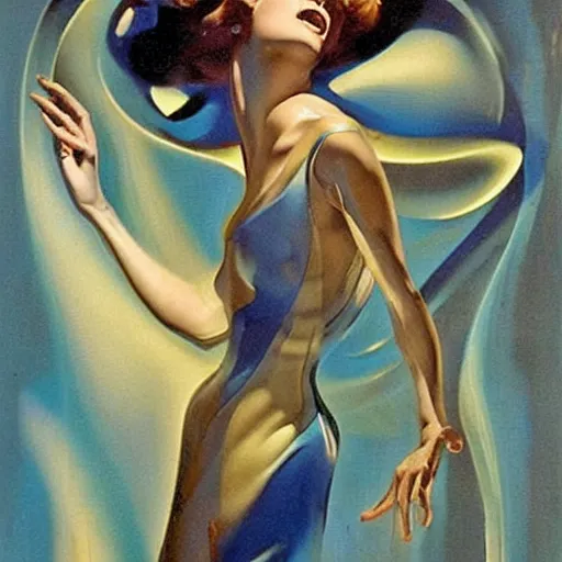 Image similar to A kinetic sculpture. A rip in spacetime. Did this device in his hand open a portal to another dimension or reality?! light blue by Rolf Armstrong composed