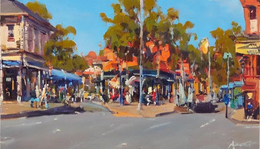 Image similar to painting by antoine blanchard of the main street in taree nsw australia