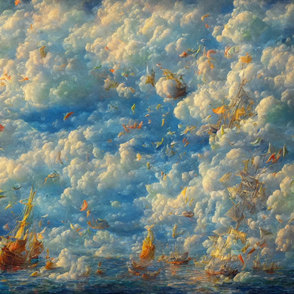Prompt: 3d high relief painting of sea like jelly,Rainbow clouds like sheeps floating lightly in the air, Sailing ship,dreamy, soft , highly detailed, expressive impressionist style,in the style of Yuri Anatolyevich Obukhovskiy