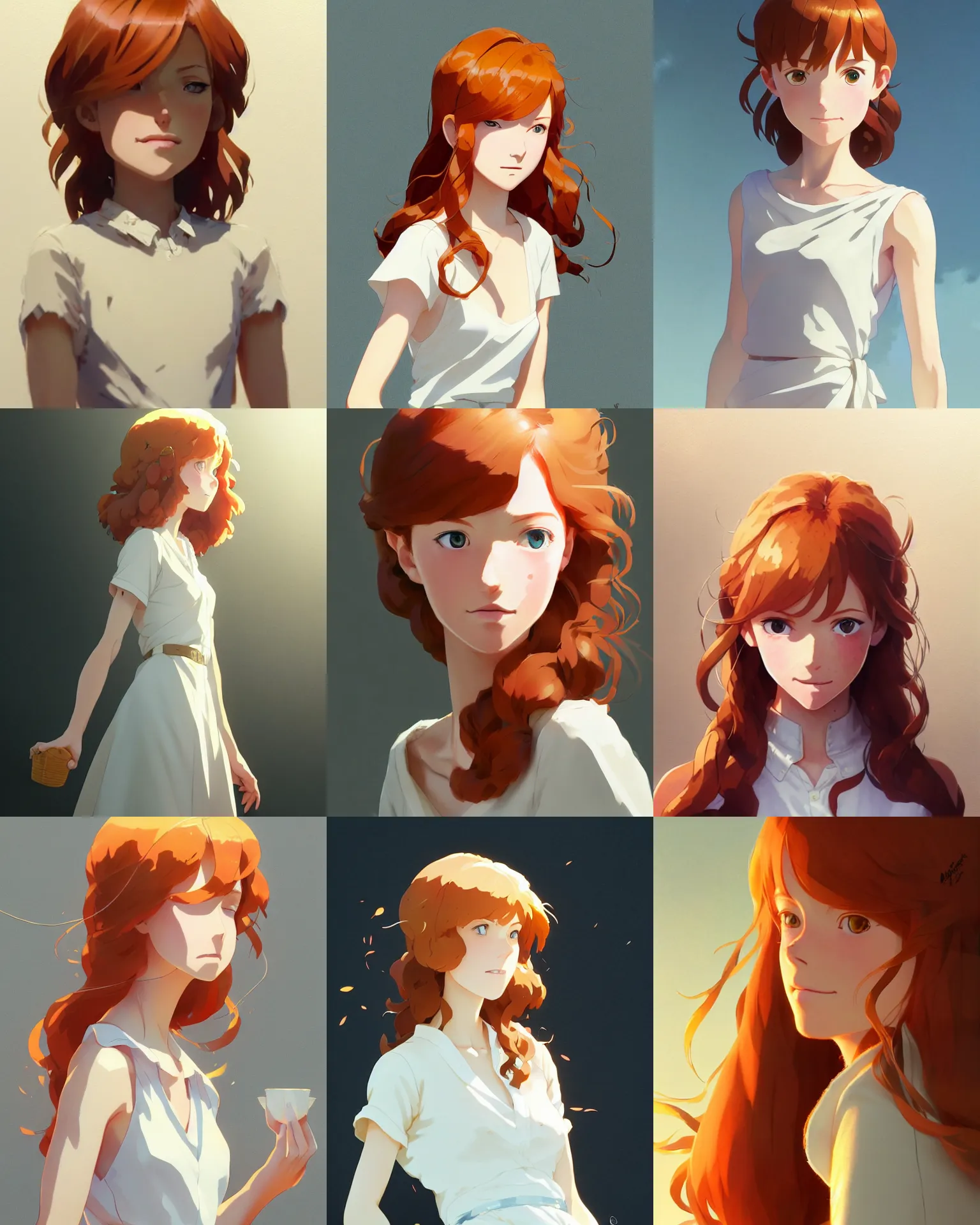 Image similar to young southern woman, ginger hair, simple cream dress, detailed perfect face, exquisite details, fire magic, mid view, design on a white background, by studio muti, greg rutkowski makoto shinkai takashi takeuchi studio ghibli