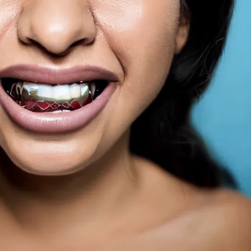 Image similar to closeup of woman with rotting teeth and blistered lips, newspaper ad for dentist