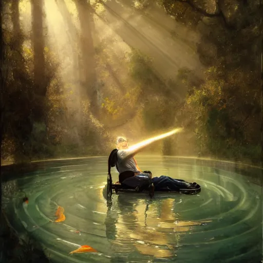 Image similar to handsome portrait of a wheelchair guy fitness posing, radiant light, caustics, war hero, smooth, one legged amputee, reflective water koi pond, sunbeams, by gaston bussiere, bayard wu, greg rutkowski, giger, maxim verehin