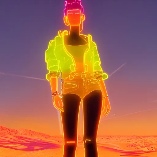 Image similar to a girl glowing with neon colors in the middle of a beautiful desert sunrise,high detail of the face, high detail, high modernization, high stylization, photorealistic, 8k resolution, octane render, unreal engine