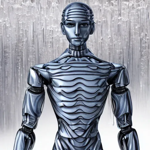 Image similar to made of ice, a realistic detailed photo of a guy who is an attractive humanoid who is half robot and half humanoid, who is a male android, on display, blank stare, showing off his muscles, shiny skin, posing like a statue, by the pool, frozen ice statue, twitch streamer / gamer ludwig, humanoid robot