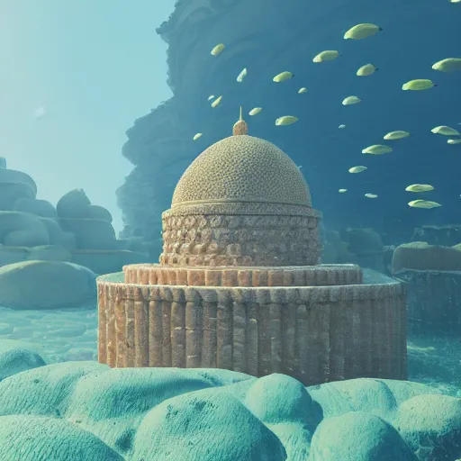 Image similar to a beautiful first person perspective digital illustration of a domed underwater temple near a coral reef teeming with life by beeple | Byzantine architecture | tropical fish | cinematic | unreal engine | octane | photorealistic |