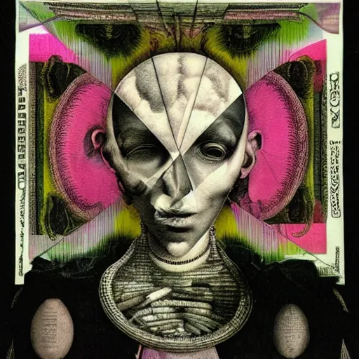 Image similar to post - punk new age album cover, asymmetrical design, frame of a dollar bank notes, capitalism, magic, apocalypse, psychedelic, black white pink, magic, giger h. r., giuseppe arcimboldo