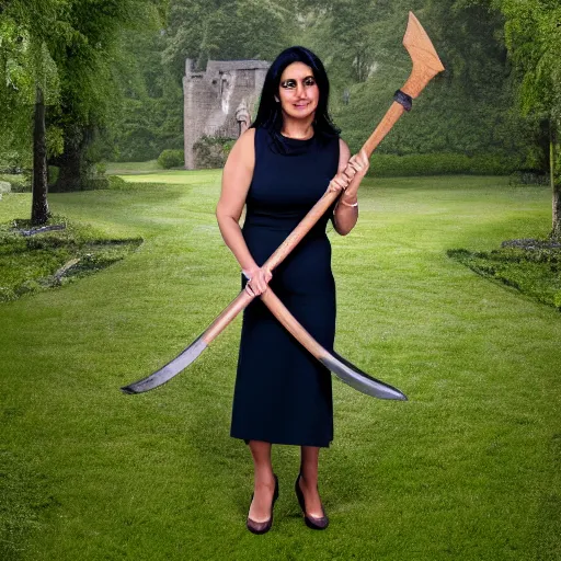 Image similar to A medium shot photograph of priti patel holding a large medieval axe, 4k , HD