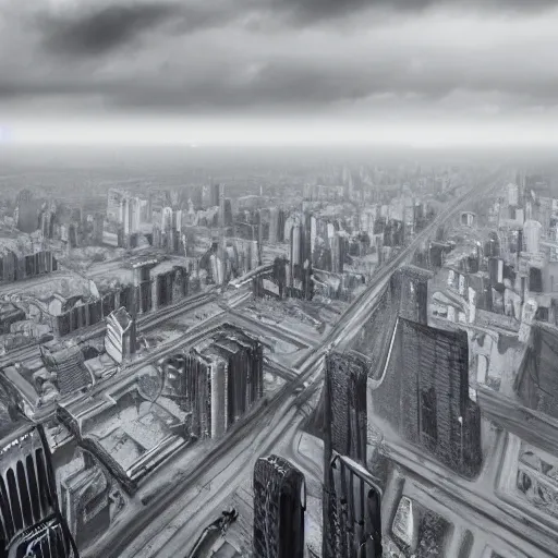 Image similar to surreal brutalist cityscape emerges from clouds below, moody, vast, uncaring