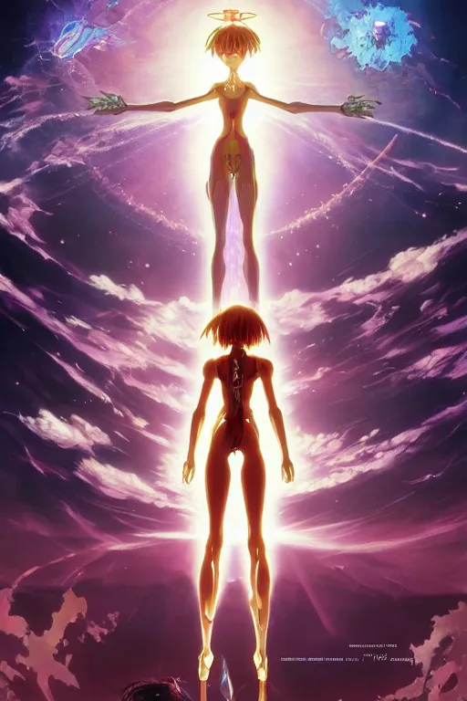 Image similar to beautiful full length movie poster for End of Evangelion unit 01 as a glowing mechanic god, like blackpink lisa+smoky eyes+front face l, ultradetail face, art and illustration by tian zi and craig mullins and WLOP and alphonse mucha, fantasy, intricate complexity, human structure, human anatomy, fantasy character concept, watermark, blurry, hyperrealism 8k