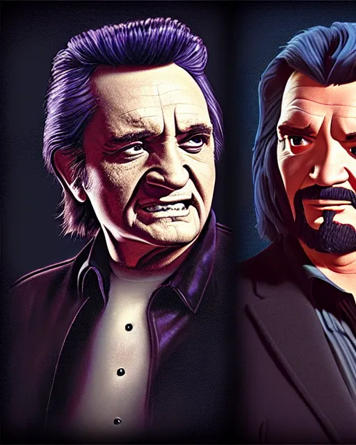 Image similar to disney pixar portrait 8 k photo of johnny cash and waylon jennings : : by weta, greg rutkowski, wlop, ilya kuvshinov, rossdraws, artgerm, annie leibovitz, rave, unreal engine, alphonse mucha : :