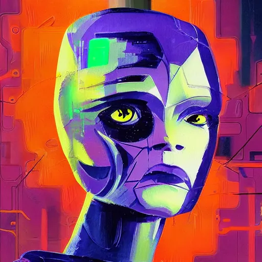 Prompt: a graph - style gouache impasto huge robot head in front of her, cyberpunk art by