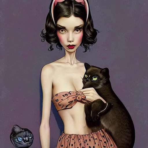 Image similar to Lofi portrait of a girl holding a cat, Pixar style by Joe Fenton and Stanley Artgerm and Tom Bagshaw and Tim Burton