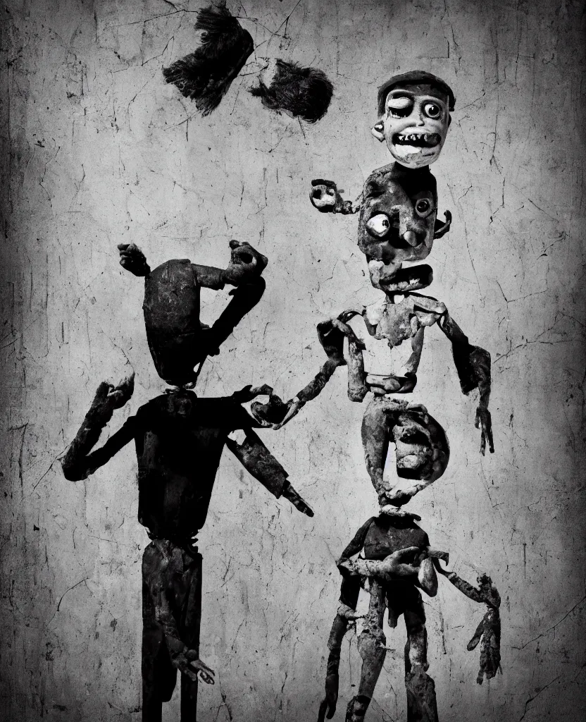 Image similar to movie poster with a creepy ventriloquist dummy in the style of roger ballen, 4 k, bw, portrait