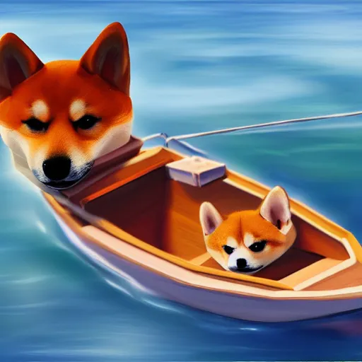 Prompt: a cute shiba inu steering a boat, endless sea, digital painting, 4 k, realistic