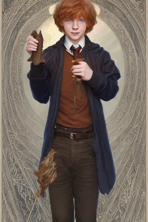 Image similar to beautiful cottagecore young ron weasley holding a magicwand. intricate, elegant. highly detailed, digital painting, artstation, concept art, smooth, sharp, focus, illustration. . art by artgerm and greg rutkowski and alphonse mucha