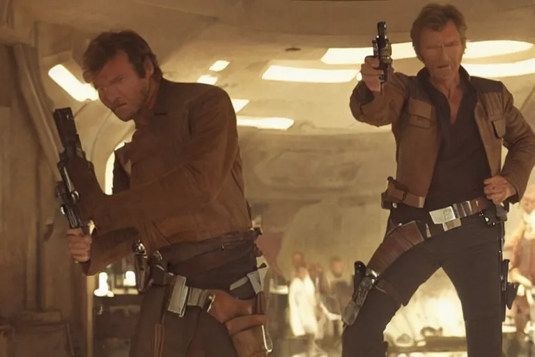 Prompt: film still of clint eastwood man with no name as han solo aiming a 4 4 magnum in new star wars, inside a tavern, 4 k