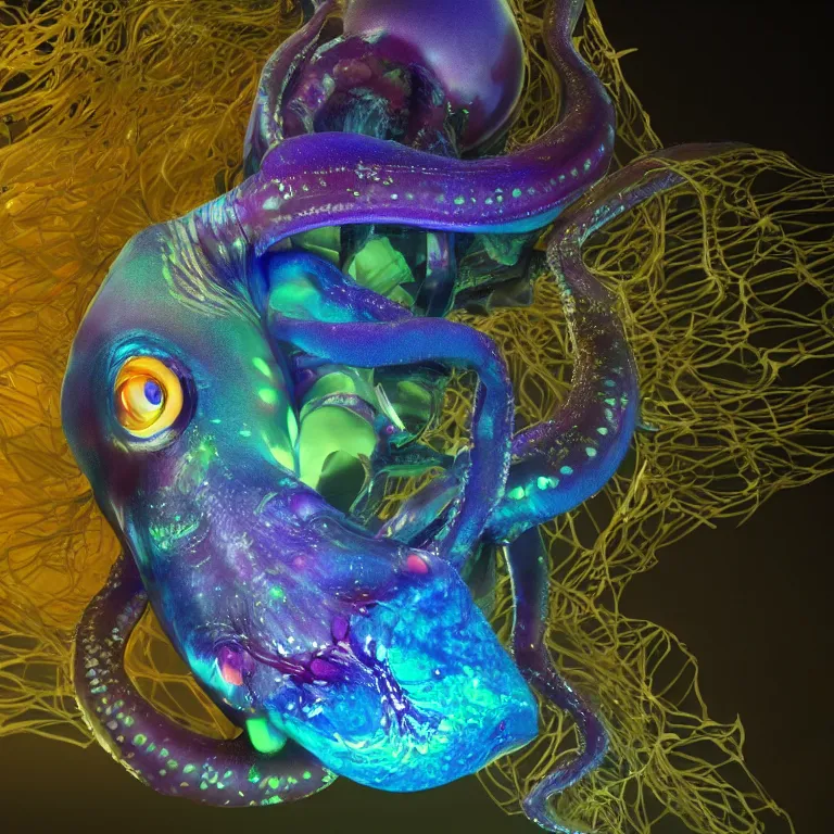 Image similar to octane render portrait by wayne barlow and carlo crivelli and glenn fabry, a shiny glowing colorful deep ocean mariana trench fish squid octopus jellyfish creature made out inflated clear iridescent plastic and bioluminescence, cinema 4 d, ray traced lighting, very short depth of field, bokeh