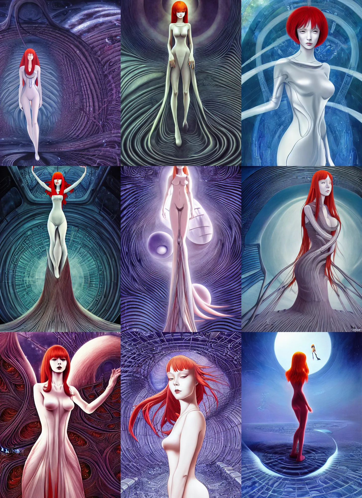 Prompt: a redhead woman in futuristic dress falls into a dream within a dream within a dream within a dream within a dream, h. r. giger, junji ito, alex grey, salvador dali, fractal, surreal art, semi realistic anime, studio ghibli, makoto shinkai, award winning illustration, masterpiece, trending on pixiv, 8 k