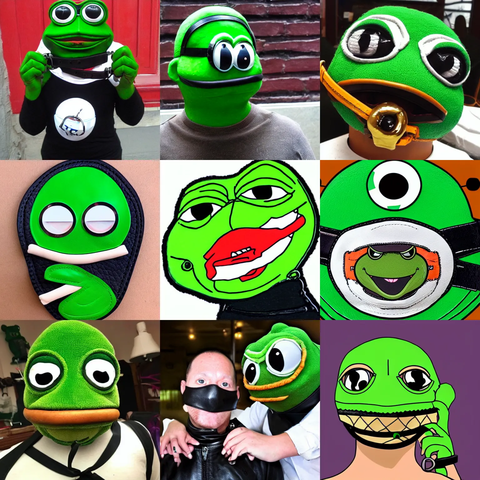 Prompt: pepe the frog wearing a ball gag and leather mask