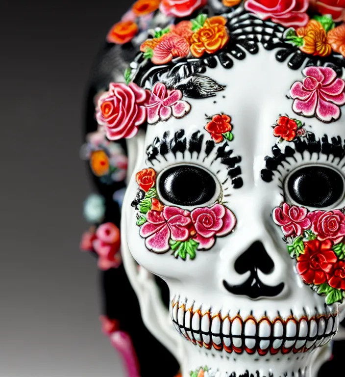 Image similar to La Catrina pretty face, A Close up photo-real delicate ceramic porcelain sculpture of a symmetrical ornate detailed in front of an intricate background by Victo Ngai and takato yamamoto, micro detail, backlit lighting, face in focus, subsurface scattering, translucent, thin porcelain, octane renderer, colorful, physically based rendering, japanese pottery, trending on cgsociety