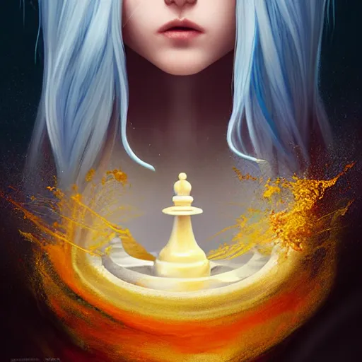 Image similar to rimuru tempest playing chess, with amber eyes of golden colored eyes, straight hair, sky blue hair, long bangs, high collar, concept art, award winning photography, digital painting, splash art, elegant, intricate, cinematic, wlop, 8 k, by ross tran, tom bagshaw, andy warhol