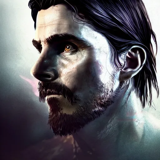 Image similar to christian bale portrait, dystopia core, apocalyptic, warrior, riot, dramatic, sharp focus, fiction, neon, fantasy, hyper detailed, digital art, trending in artstation, cinematic lighting, studio quality, smooth render, unreal engine 5 rendered, octane rendered, art style and nixeu and wlop and krenz cushart