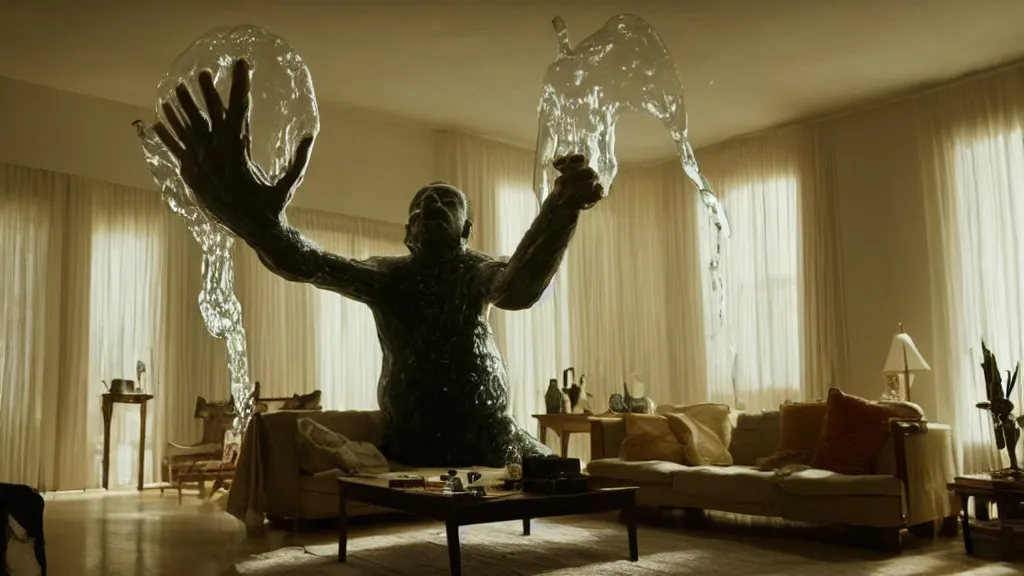 Image similar to a giant hand made of wax and water floats through the living room, film still from the movie directed by Denis Villeneuve with art direction by Salvador Dalí, wide lens