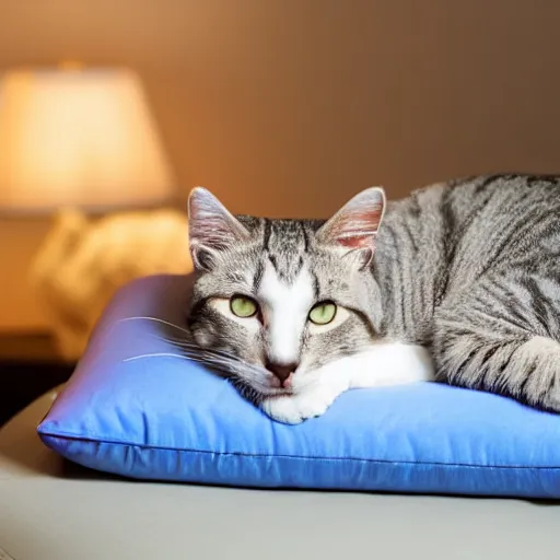 Prompt: portrait of cat unicorn relaxing on pillow, 5 0 mm soft room lighting