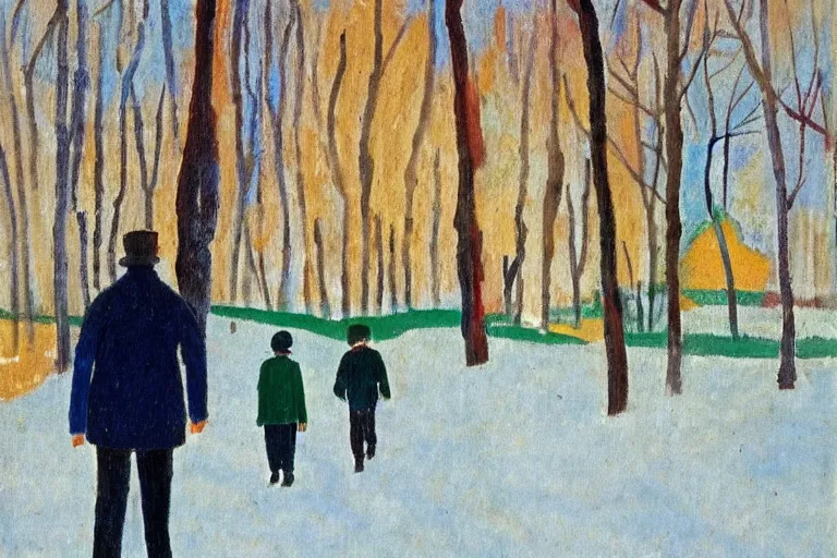 Image similar to a very tall man with dark hair holding the hands of a short young boy as they walk in a park on a bright beautiful winter day. part in the style of an edgar degas painting. part in the style of david hockney. triadic color scheme