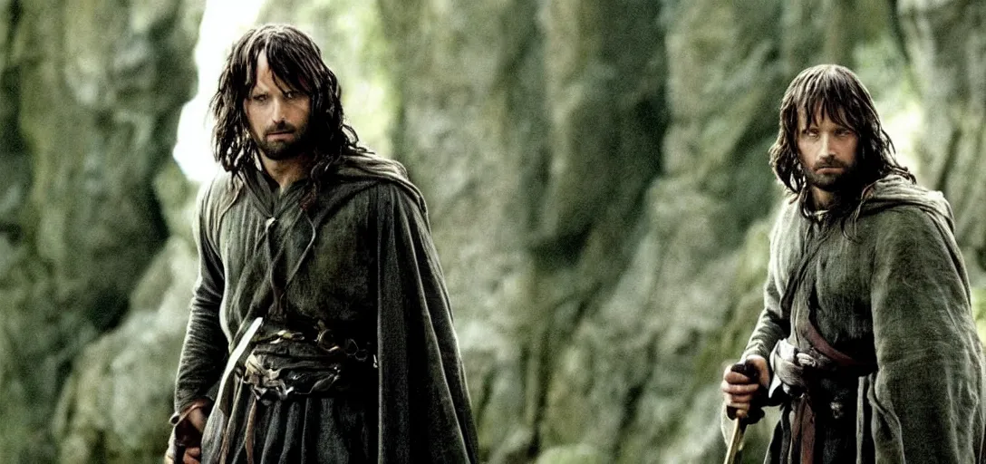 Prompt: still of felicity jones as aragorn in the lord of the rings ( 2 0 0 1 )