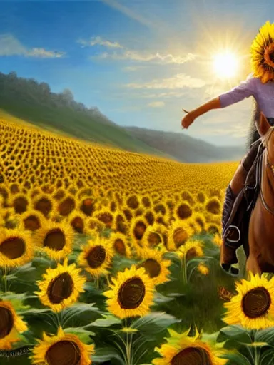 Prompt: a happy querub, riding a horse in a sunflower field, a giant sun in the background. intricate, elegant, highly detailed, digital painting, artstation, concept art, sharp focus, illustration, by justin gerard and artgerm, 8 k