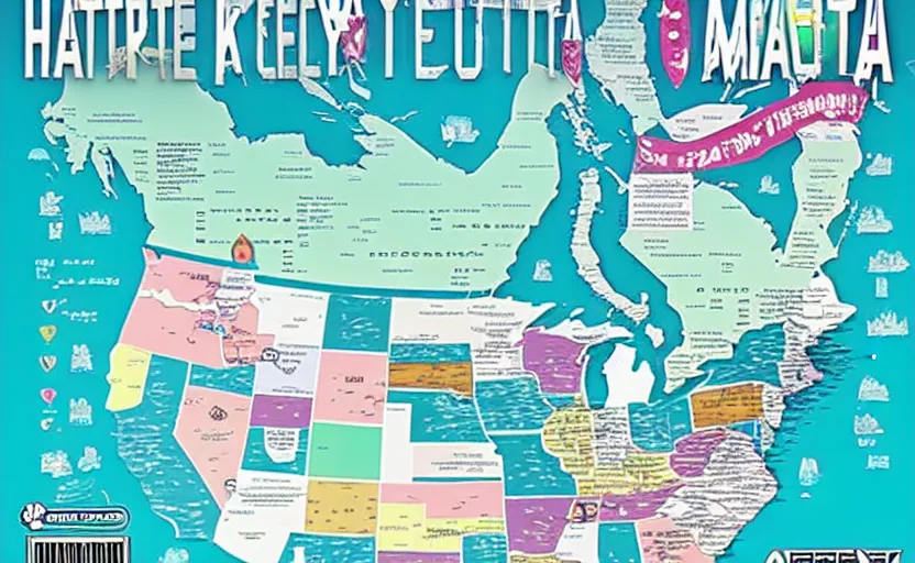 Image similar to hatsune miku across america map, map key, tourist map, brochure