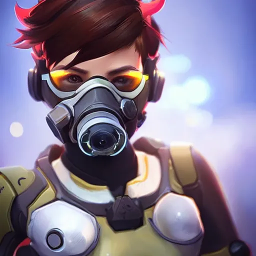 Image similar to overwatch tracer wearing a cyber gas mask, digital art, pretty face, very beautiful face, very detailed eyes, ultra detailed, by woop, greg rutkowski,