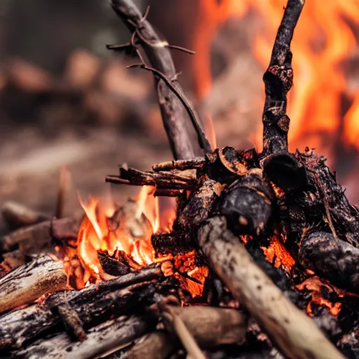 Image similar to closeup of a campfire in an ominous forest burning voodoo dolls, photography