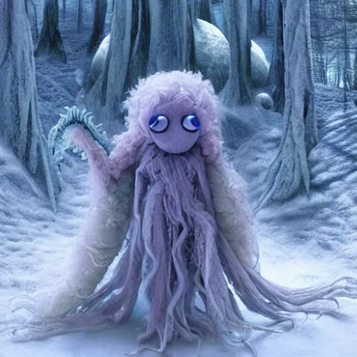 Image similar to a cute but unnerving fluffy humanoid ethereal ghost like live action muppet wraith like alien figure with a squid like parasite taking over its head and four long tentacles for arms that flow gracefully at its sides like a cloak while it floats around the frozen woods searching for lost souls and that hides amongst the shadows in the trees, this character can control the ice and snow and has mastery of the shadows, it is known as the bringer of nightmares, it is a real muppet by sesame street, photo realistic, real, realistic, felt, stopmotion, photography, sesame street