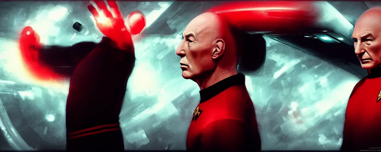 Image similar to duotone black and red concept 3 / 4 portrait of ( ( ( picard facepalm meme ) ) ) captain jean - luc picard doing facepalm inside uss enterprise. accidental renaissance. concept by stanley kubrick. sergey kolesov and ruan jia and heng z. graffiti art, scifi, fantasy, hyper detailed. octane render. trending on artstation