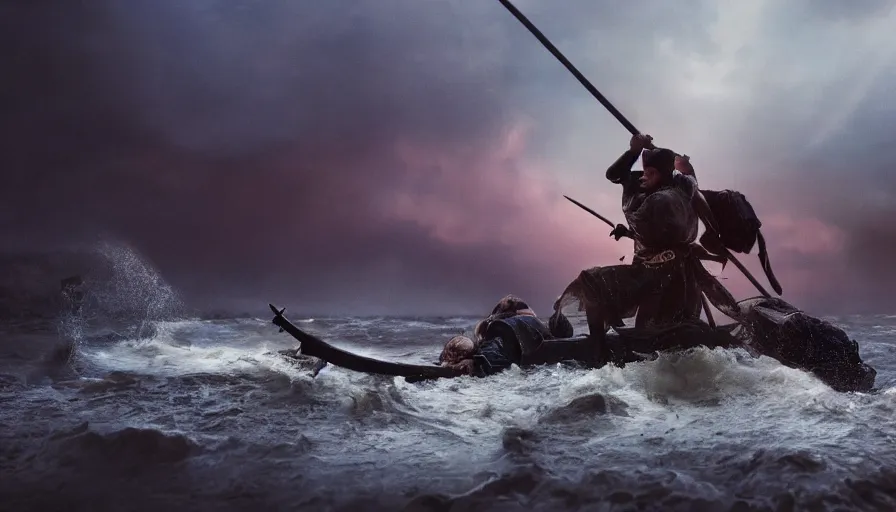 Prompt: cinestill 5 0 d epic photographic environment by steven spielberg of large scale samurai battle in treacherous waters, flooded city, wide shot, moody emotional cinematic, pouring iridescent rain bright spotlight helicopter, 8 k, hd, high resolution, 3 5 mm, f / 3 2, ultra realistic faces,