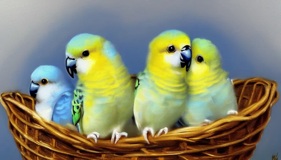 Image similar to highly detailed painting of cute baby budgies cuddling up in a basket by william turner, thick brush strokes and visible paint layers, 4 k resolution, blue and white colour scheme