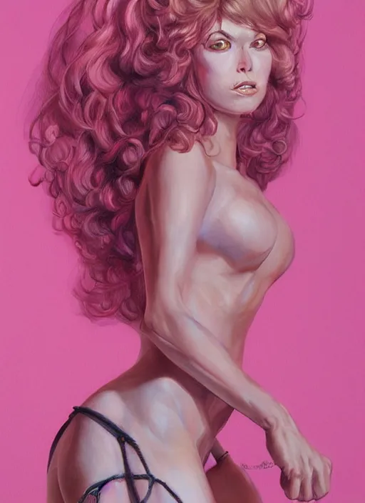 Prompt: a portrait of a pink cat hybrid woman wearing clothes, art by boris vallejo and greg danton and denys tsiperko, detailed, hyperrealism, artstation