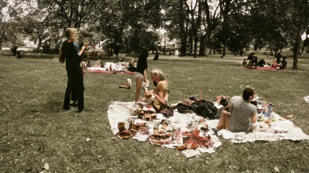 Image similar to climate change catastrophe, as seen by a couple having picnic in the park, 35mm