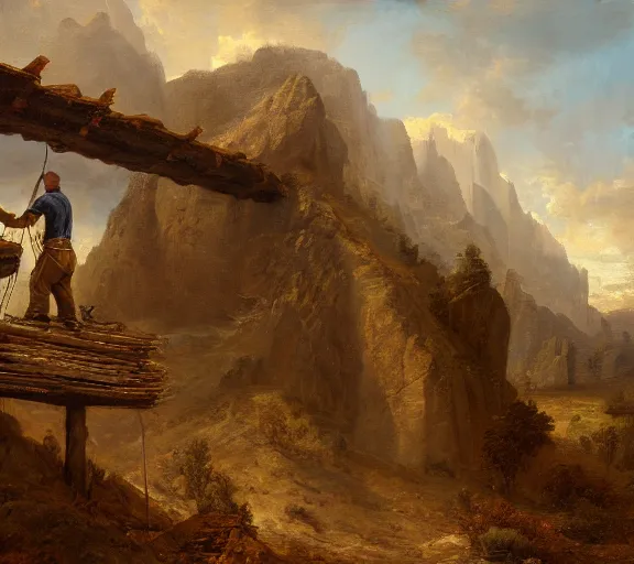 Image similar to landscape portrait of a man working on a building out of hand hewn brimstone, all alone by william sidney mount, trending on artstation