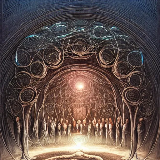 Image similar to a quantum computer, a dark cabal of multiple hooded elven mystics in long robes gathered in a circular formation around a quantum computer, processing the spirits of the dead, dan seagrave, michael whelan art, beautifully detailed