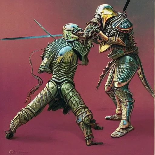 Prompt: two knights in armour fighting each other with swords, fluid, smooth, organic, crazy, bright, colours, tumours, high contrast, sharpness, dramatic, very detailed, intricate, by giger and corben and moebius and beksinski and bosch and bacon