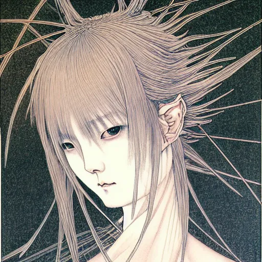 Image similar to prompt: Fragile looking vessel portrait soft light drawn by Takato Yamamoto, inspired by Fables, weapons around the face ancient dark chrome knight armor, magical and alchemical objects on the side, soft light, white background, intricate detail, intricate oil painting detail, sharp high detail, manga and anime 2000