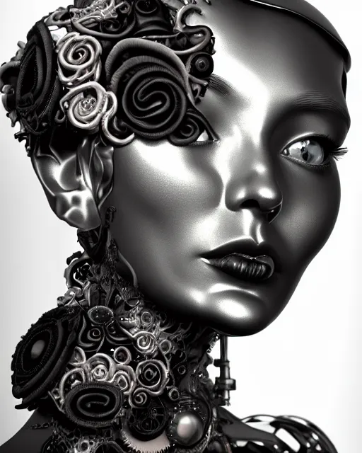 Image similar to black and white dreamy foggy smoky profile face portrait, one silver steampunk realistic eye biomechanical beautiful young female cyclope - cyborg - robot bust, body ribs meshes,, volumetric light, hibiscus flowers, by hg giger, rim light, by dora maar and cecile beaton, big gothic fashion pearl embroidered collar, 8 k