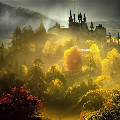 Image similar to magical academy on a mountain, town below, mist, mystical, happy, sunshine, realistic, by bagshaw, tom