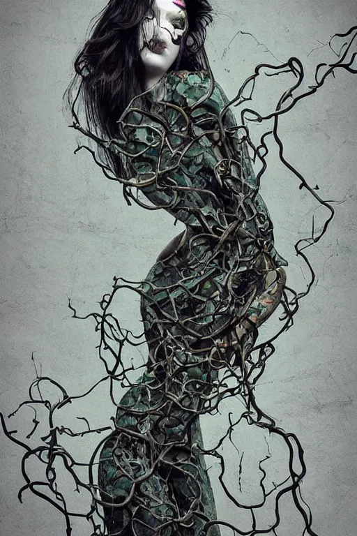 Image similar to beautiful elegant women made of oil and vines by rik oostenbroek, contrasted color, full body